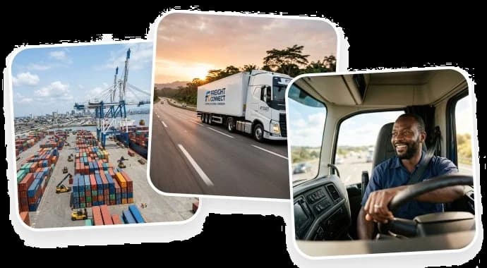 Port, camion sur la route et chauffeur souriant