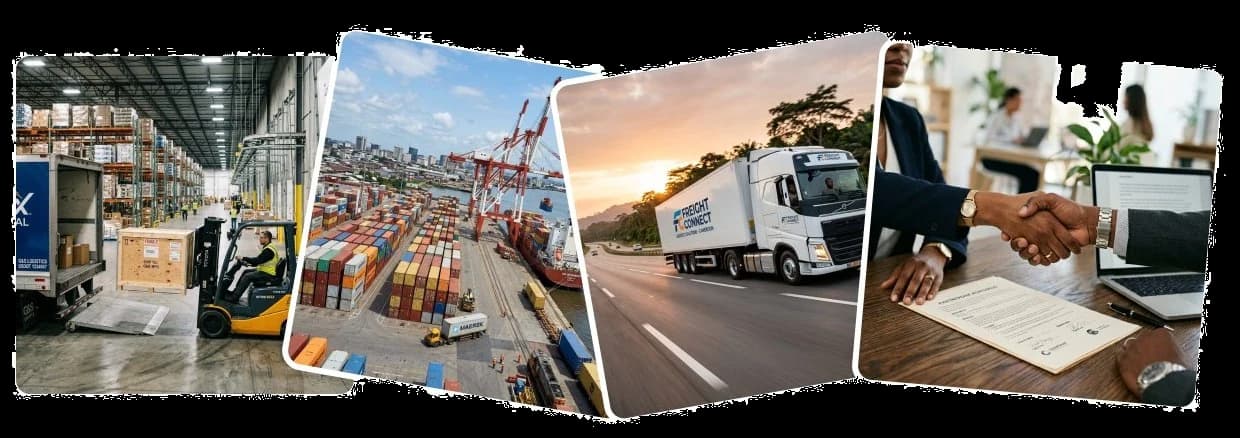 Entrepôt, port de conteneurs, camion sur la route et signature d’un contrat